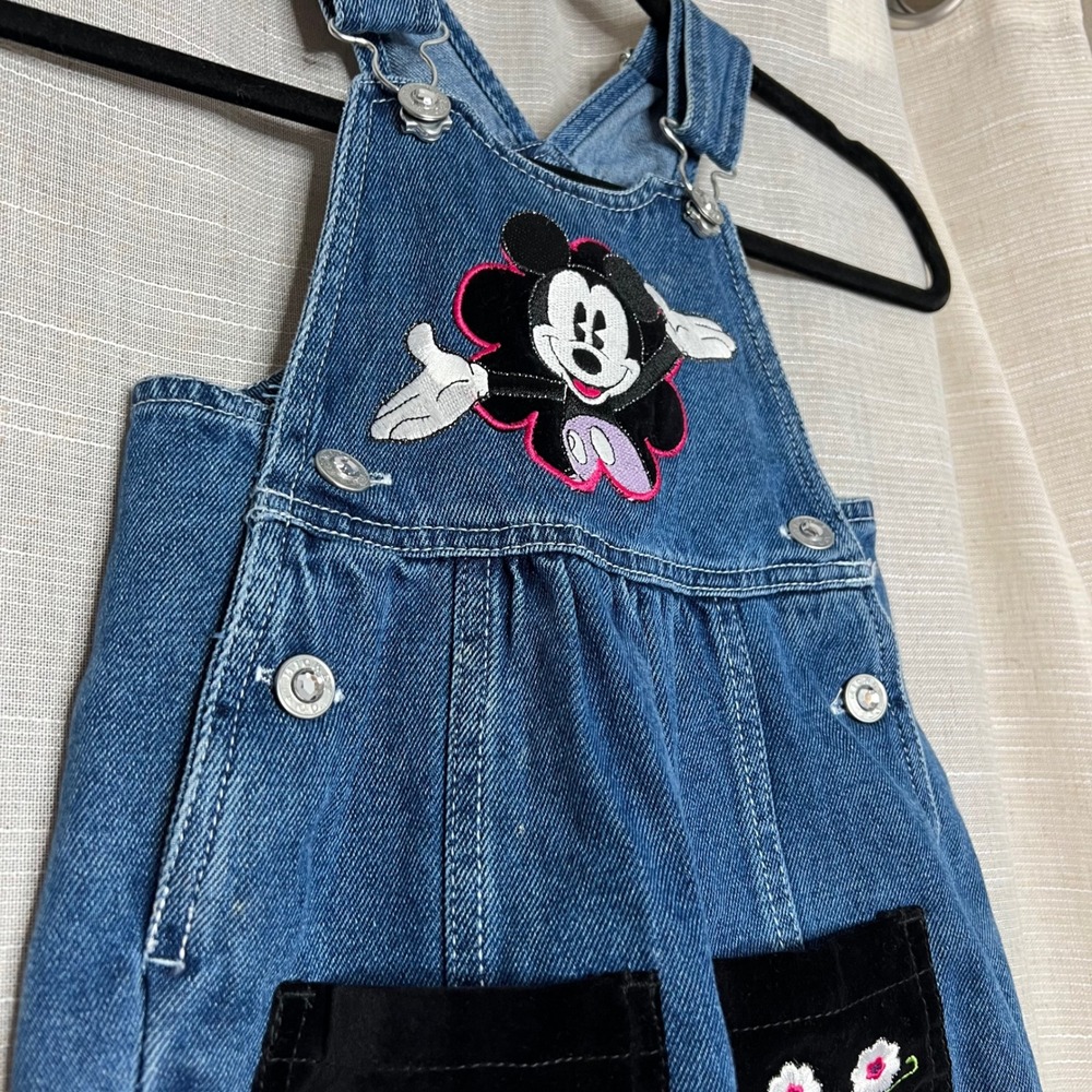 Y2K Vintage Disney Mickey Mouse Denim Overalls Floral Embroidered Velvet Size 2T - Picture 3 of 10